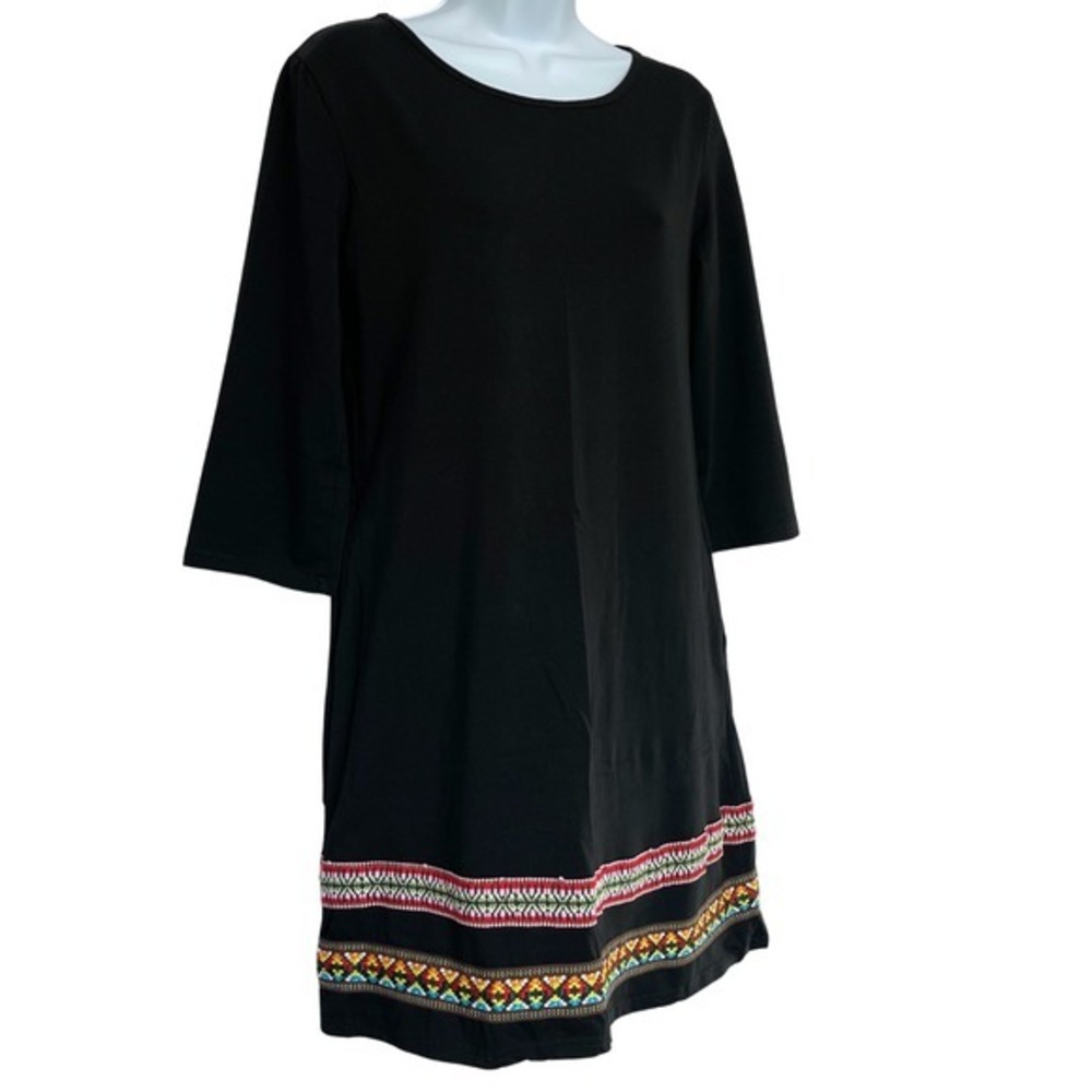 Thanth Pullover Dress Womens Size M Black Embroidered Knit 3/4 Sleeve Minimalist